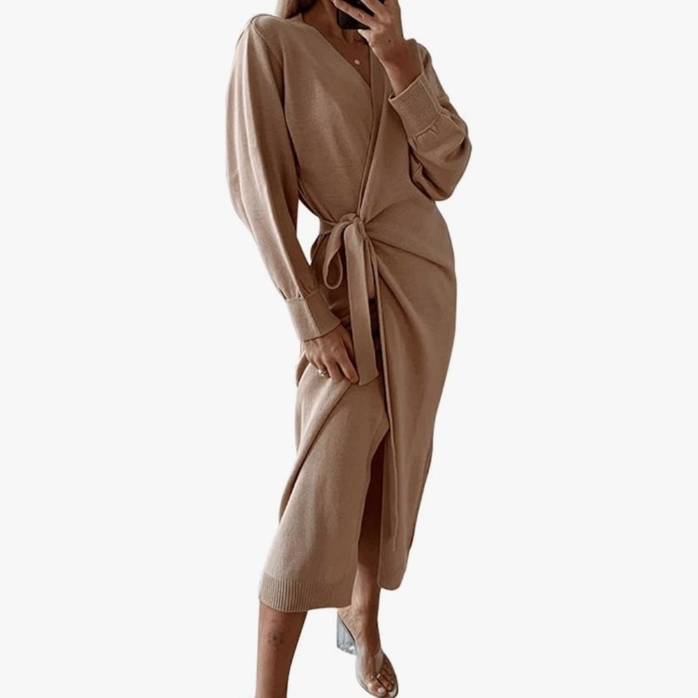 Tan V-neck Dolman Sleeve Sweater Dress